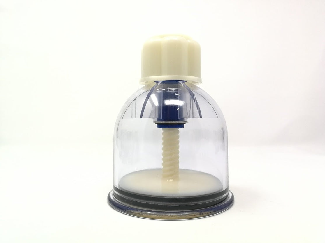 Clear plastic container with a white lid on a white background