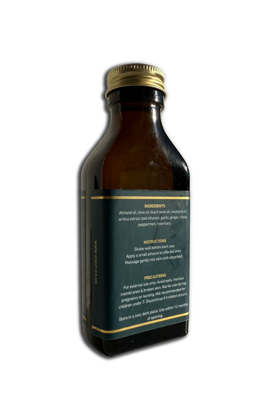 Amber glass bottle with gold cap on a white background