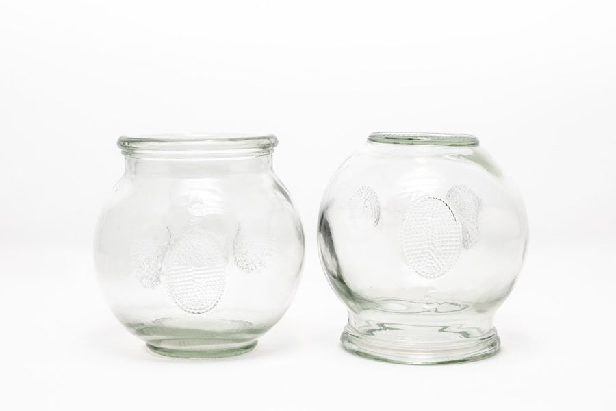 Two clear glass jars on a white background