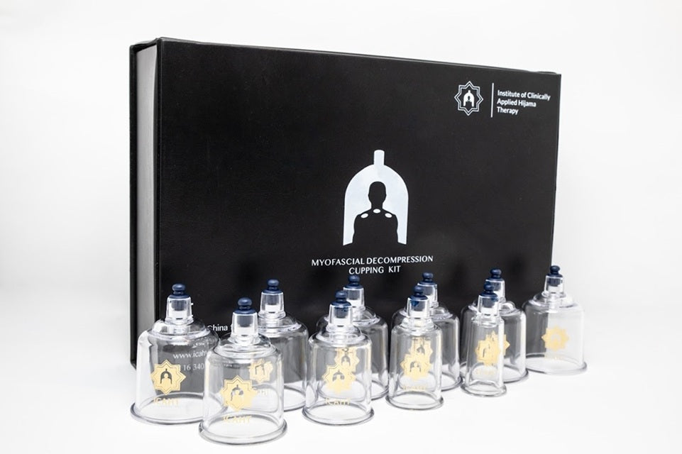 Myofascial Decompression Clipping Kit with glass cups and black box on a white background