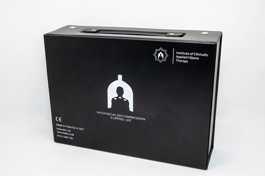 Black box packaging for a myofascial decompression cupping kit on a white background
