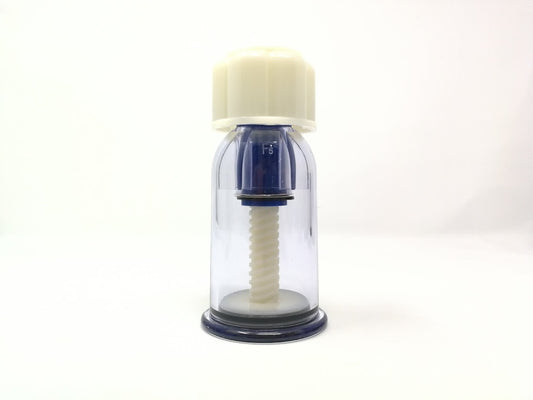 Clear bottle with a white cap and black base on a white background