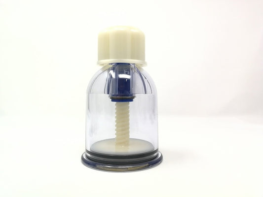 Clear bottle with a white cap and spiral liner on a white background