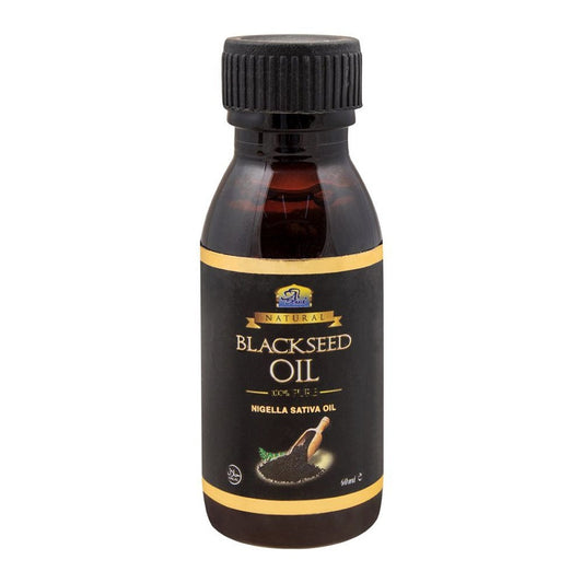 Bottle of blackseed oil with a black cap on a white background