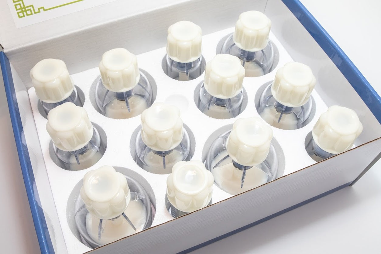 Tray with multiple white cylindrical objects on a white background